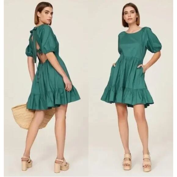 Peter Som Puff Sleeve Ruffle Trim Open Back Mini Dress in Green Size 6 - Picture 2 of 16